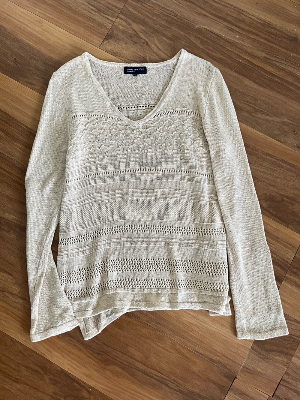 Jones New York Linen Blend V-Neck Pointelle Knit Sweater Beige L beachy neutral